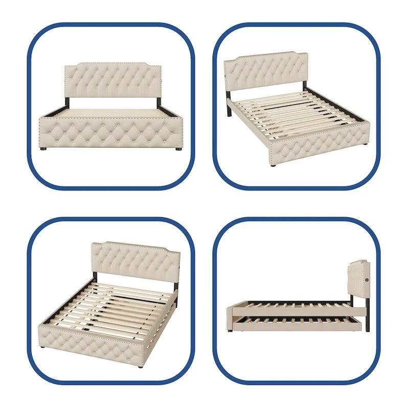 Cama con plataforma, cama nido y 2 puertos USB a cada lado