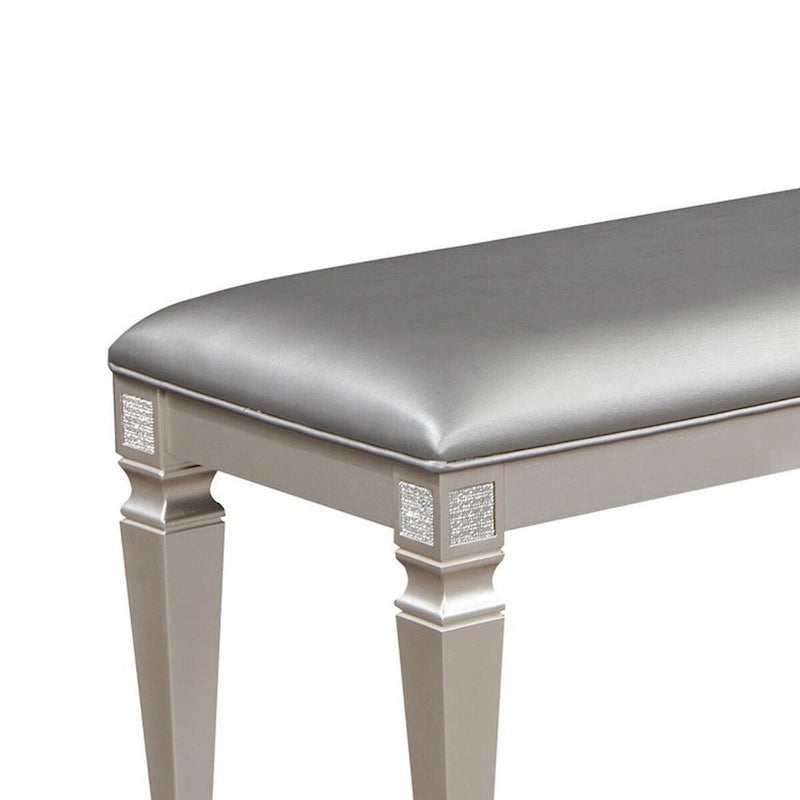 Banco de comedor de 60 pulgadas, cuero sintético gris plateado brillante y estructura de madera