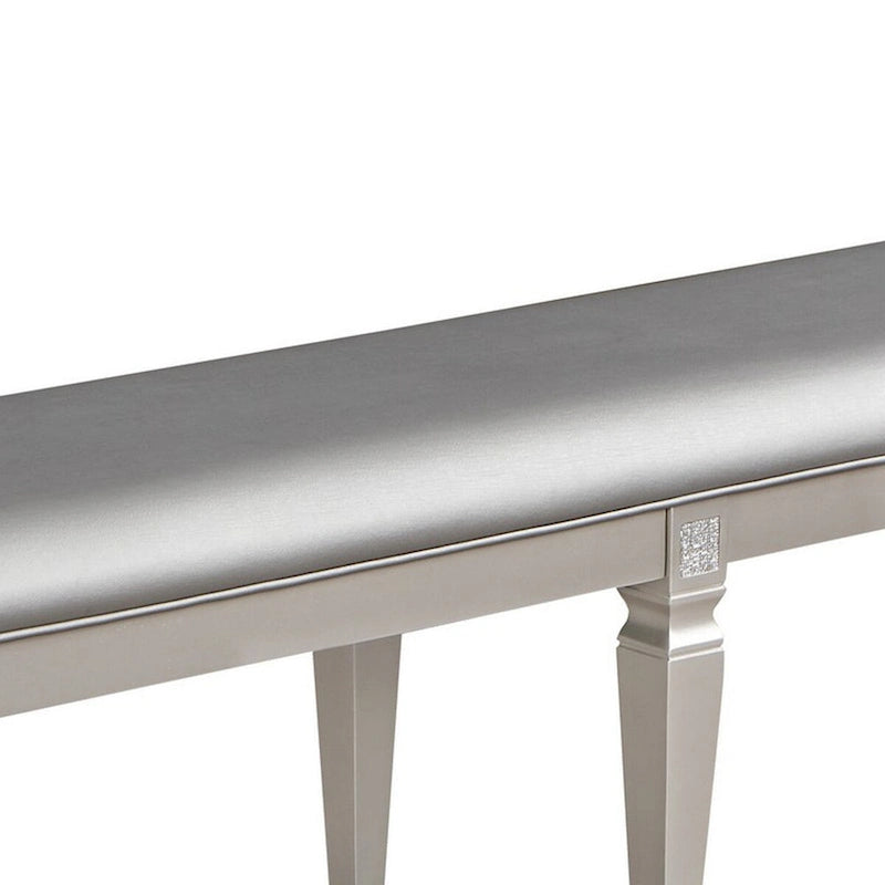 Banco de comedor de 60 pulgadas, cuero sintético gris plateado brillante y estructura de madera
