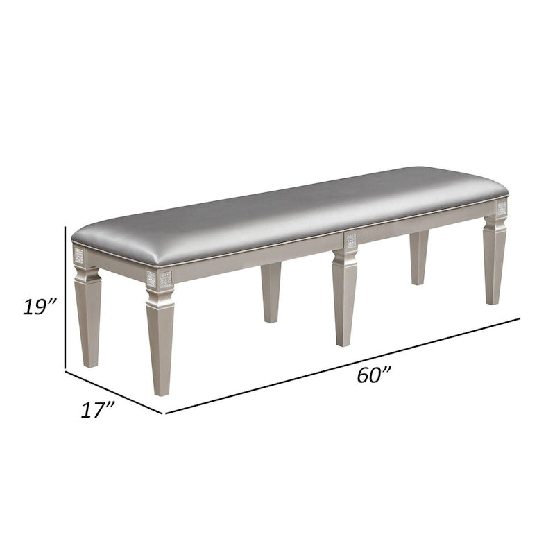 Banco de comedor de 60 pulgadas, cuero sintético gris plateado brillante y estructura de madera