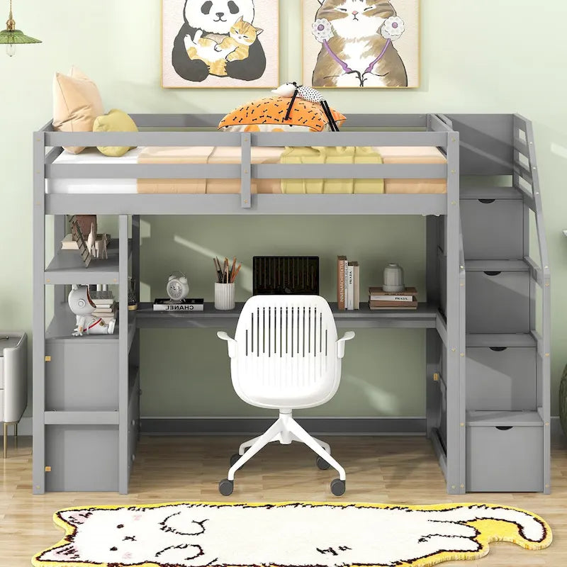 Cama alta tamaño Twin con escritorio y estantes