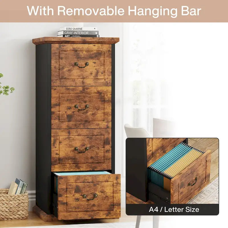 Aktenschrank mit 4 Schubladen fürs Homeoffice, vertikaler Holz-Aktenschrank für A4-/Letter-Format