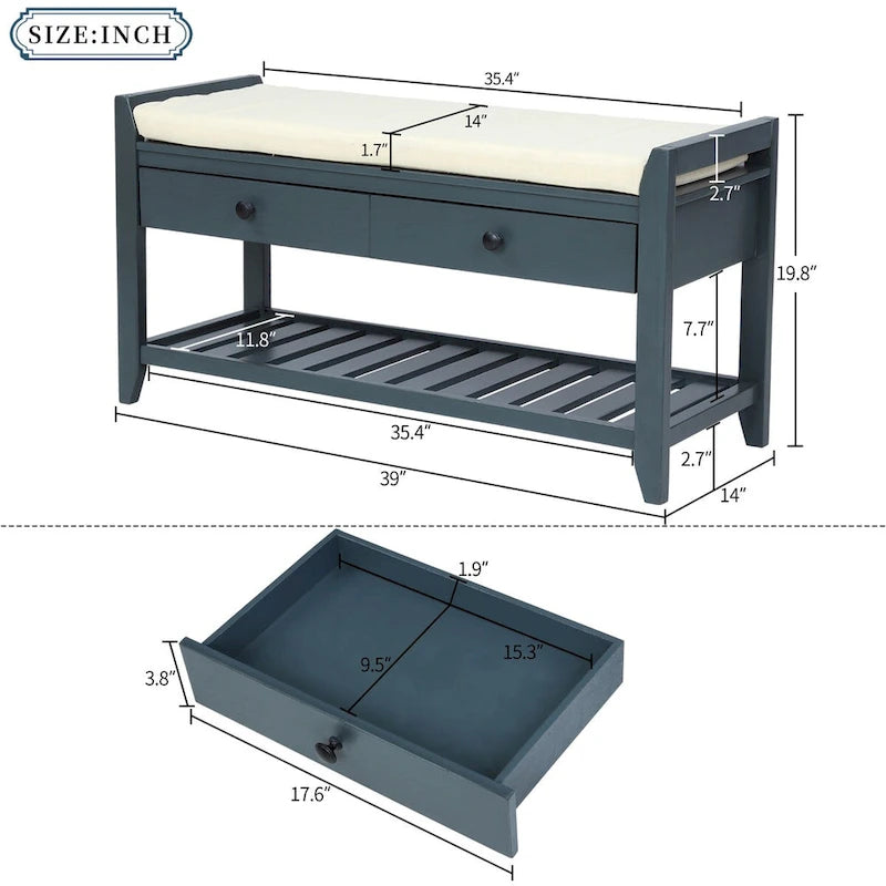 Range-chaussures avec assise rembourrée et tiroirs, banc de rangement polyvalent pour entrée (bleu marine antique)