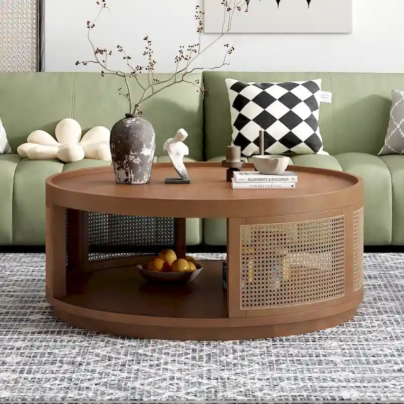 Runder Couchtisch mit Rohrgeflecht und Seiten aus PE-Rattan