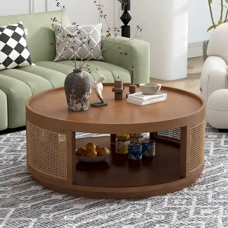 Runder Couchtisch mit Rohrgeflecht und Seiten aus PE-Rattan