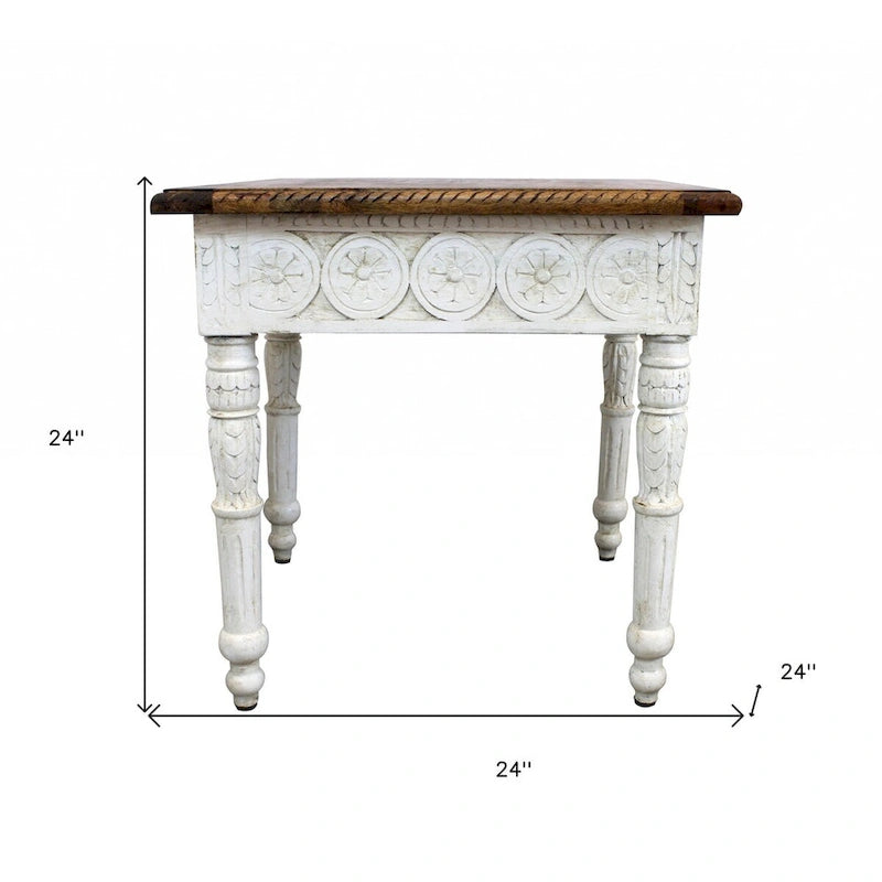 Table d’appoint carrée en bois massif ivoire et marron, 24