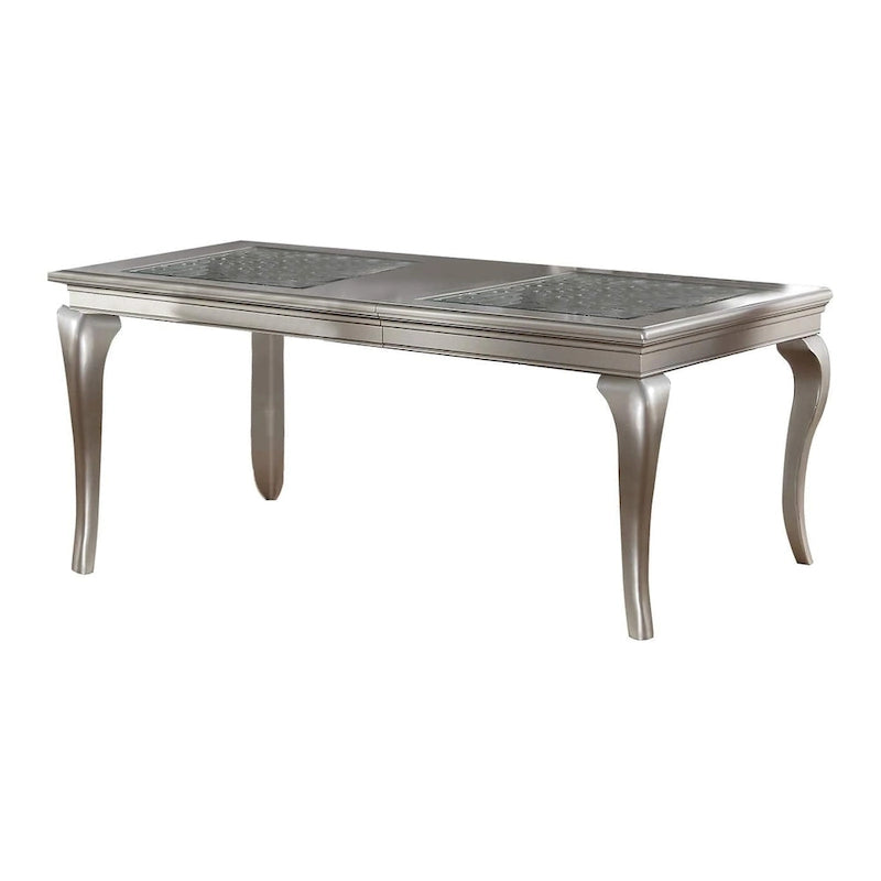 Mesa de comedor de 66-84 pulgadas, extensible para 6 personas, de vidrio, plata y madera