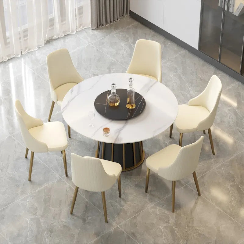 53 weißer runder Esstisch aus gesintertem Stein mit Lazy Susan - N/A
