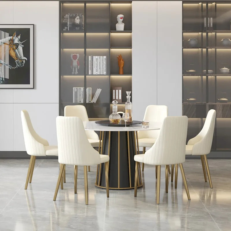 Mesa redonda de comedor de piedra sinterizada blanca de 53 con bandeja giratoria - N/A