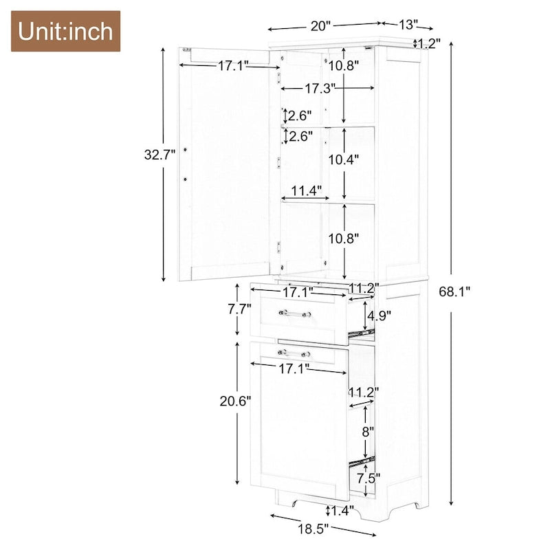 Armoire à linge de 20 in. W x 13 in. D x 68.1 in. H avec 2 tiroirs de tailles différentes et une étagère réglable