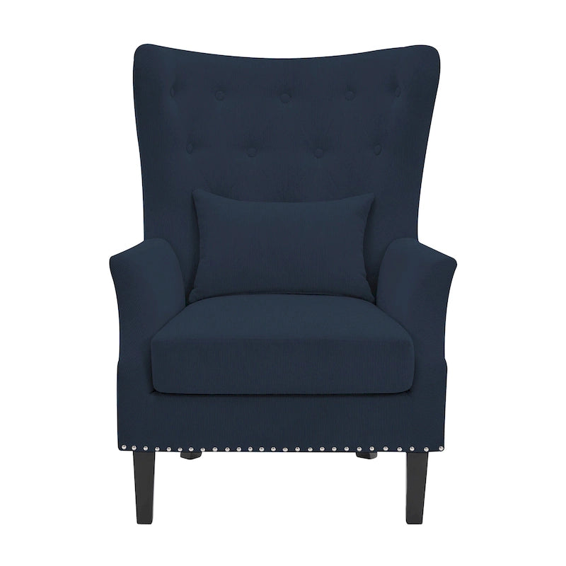 Fauteuil à oreilles en velours côtelé avec clous décoratifs, coussin lombaire et pieds en hévéa