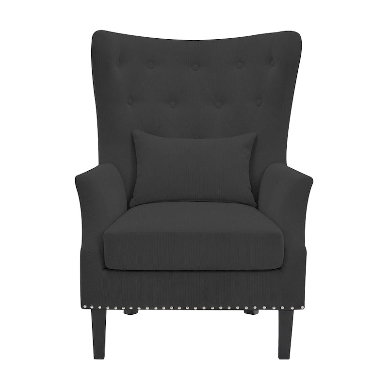 Klassischer Wingback-Sessel aus Cord mit Ziernägeln, Lendenkissen und Beinen aus Rubberwood