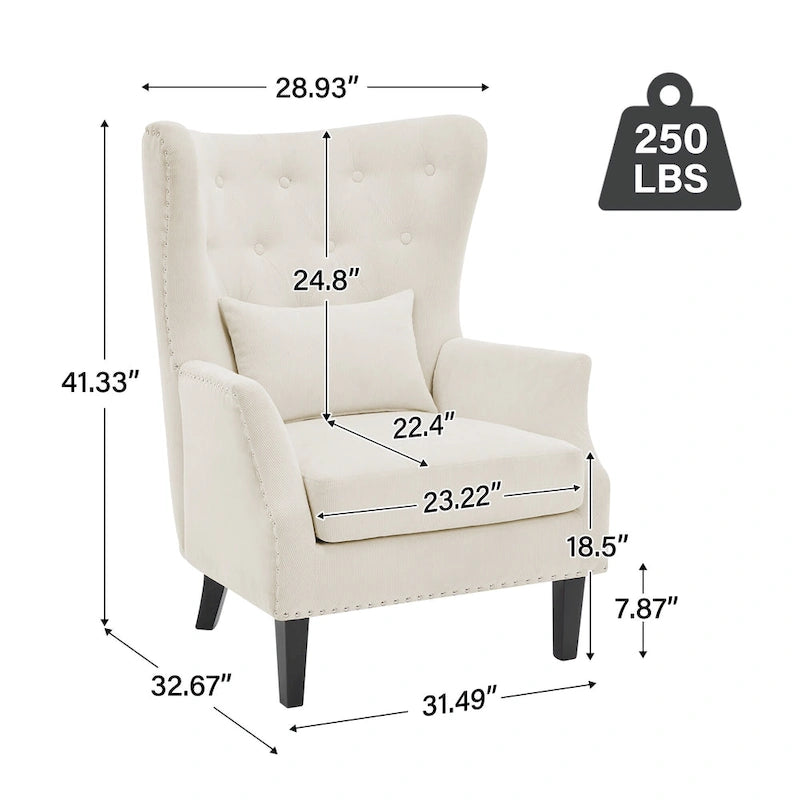 Klassischer Wingback-Sessel aus Cord mit Ziernägeln, Lendenkissen und Beinen aus Rubberwood