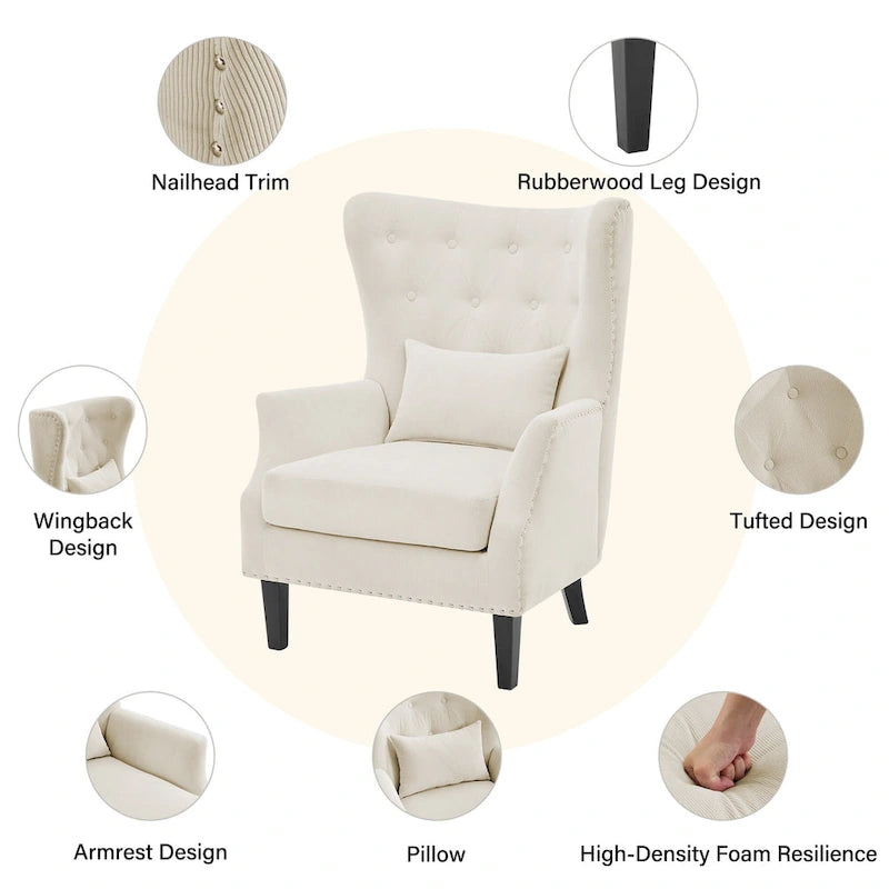 Klassischer Wingback-Sessel aus Cord mit Ziernägeln, Lendenkissen und Beinen aus Rubberwood
