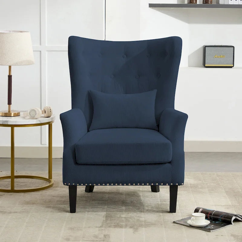Fauteuil à oreilles en velours côtelé avec clous décoratifs, coussin lombaire et pieds en hévéa
