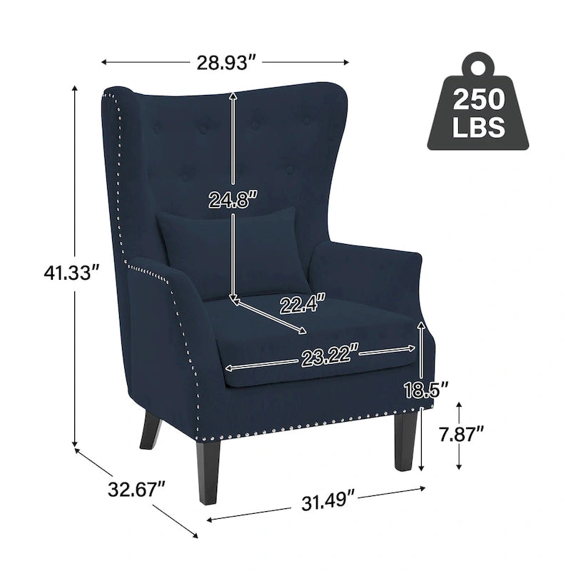 Fauteuil à oreilles en velours côtelé avec clous décoratifs, coussin lombaire et pieds en hévéa