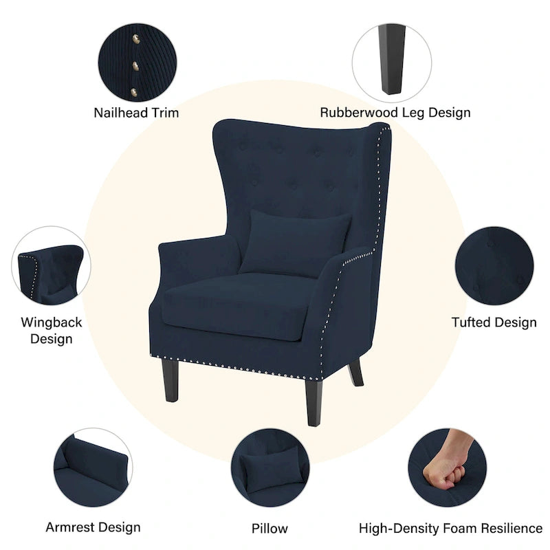 Fauteuil à oreilles en velours côtelé avec clous décoratifs, coussin lombaire et pieds en hévéa