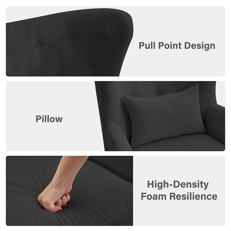 Fauteuil à oreilles en velours côtelé avec clous décoratifs, coussin lombaire et pieds en hévéa