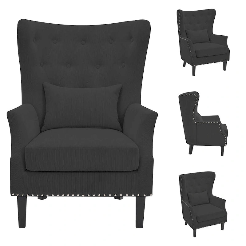 Fauteuil à oreilles en velours côtelé avec clous décoratifs, coussin lombaire et pieds en hévéa