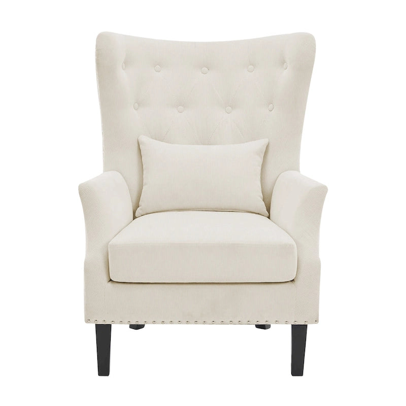 Fauteuil à oreilles en velours côtelé avec clous décoratifs, coussin lombaire et pieds en hévéa