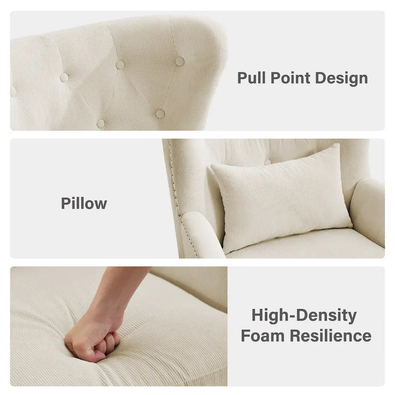 Fauteuil à oreilles en velours côtelé avec clous décoratifs, coussin lombaire et pieds en hévéa
