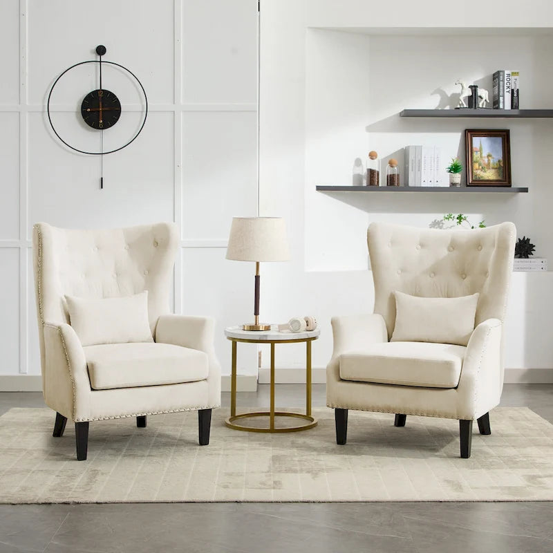Fauteuil à oreilles en velours côtelé avec clous décoratifs, coussin lombaire et pieds en hévéa