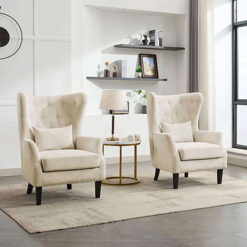 Fauteuil à oreilles en velours côtelé avec clous décoratifs, coussin lombaire et pieds en hévéa