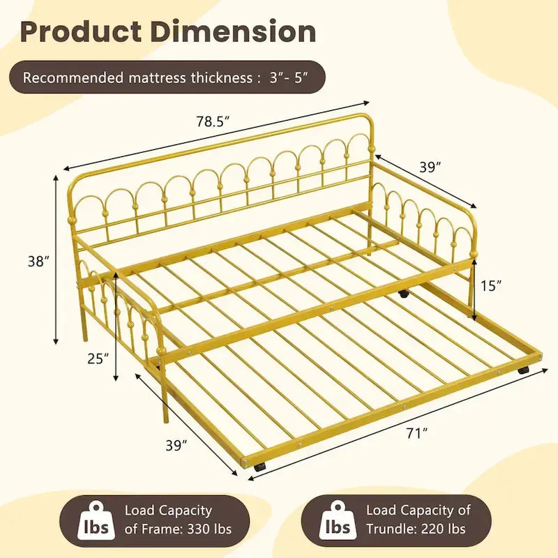 Sofá cama metálico tamaño Twin con cama nido y ruedas con freno